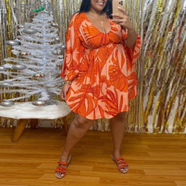 Casual Printed Plus Size V-Neck Loose Dresses