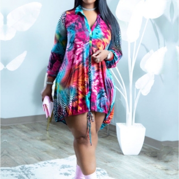 Colorful Printed Drawstring Plus Size Long Sleeve Dresses