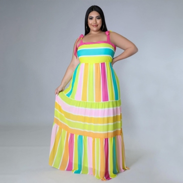 Contrast Color Striped Plus Size Sleeveless Maxi Dresses
