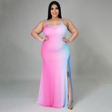Gradient Color Plus Size Floor Length Slit Dress