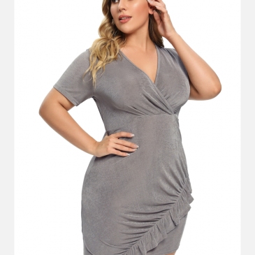 Gray Ruffles Plus Size Short Sleeve Bodycon Dresses