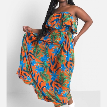 Loose Printed Ruffled Strapless Plus Size Long Dresses