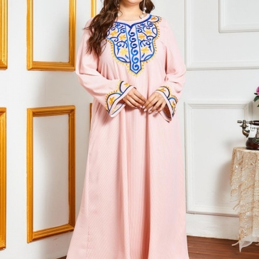 Pink Embroidered Patchwork Long Sleeve Maxi Dress