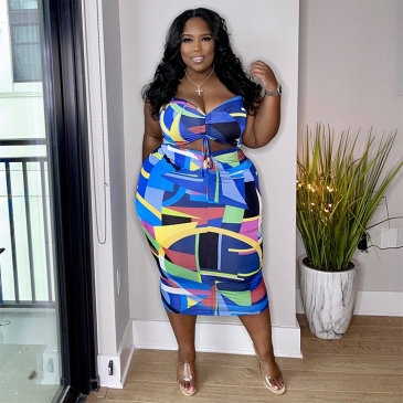 Plus Size Cut Out Colorful Sleeveless Drawstring Dress