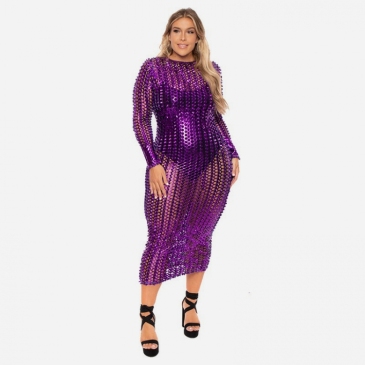 Plus Size Hollow Out Long Sleeve Maxi Dress