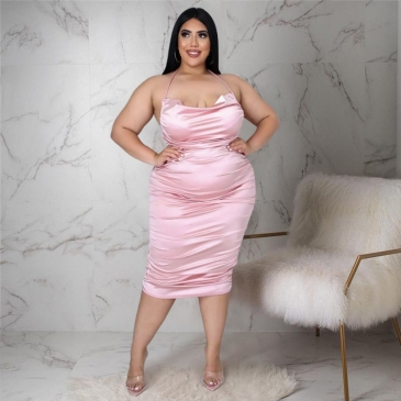 Plus Size Ruched Backless Halter Midi Dress