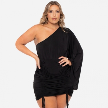 Stylish Black Drawstring One Sleeve Plus Size Dress
