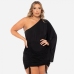 1Stylish Black Drawstring One Sleeve Plus Size Dress