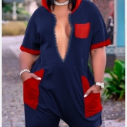 Casual Plus Size Pocket Hooded Collar Short Rompers