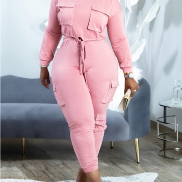 Leisure Solid Pockets Plus Size Matching Sets
