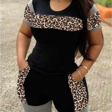 Leopard Plus Size Short Sleeve 2 Piece Pant Set