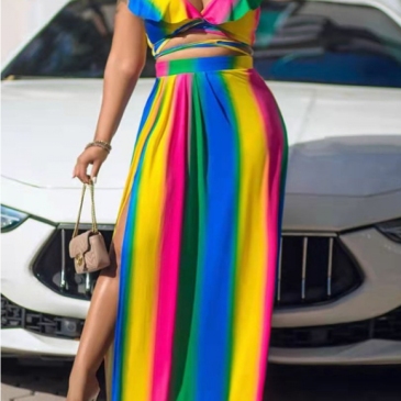 Multicolored Ruffled Plus Size 2 Piece Skirt Set