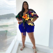 Plus Size V Neck Print Two Piece Sets
