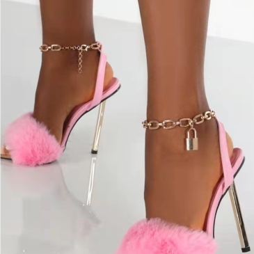 Furry Chain Pointed Toe Stiletto High Heels