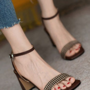 Sexy Open Toe Houndstooth One-Buckle Belt Out Door Shoes