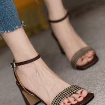 Sexy Open Toe Houndstooth One-Buckle Belt Out Door Shoes