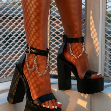 Euro Style Chunky Chain Black Platform Heels