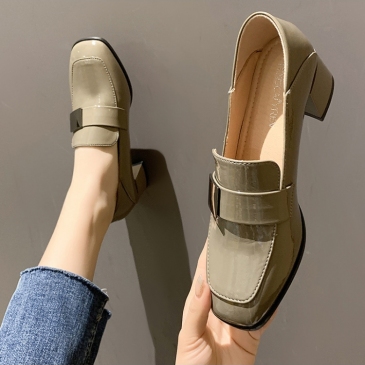 British Style Leather Square Toe Slip On Heels