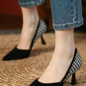 Fashion Sexy Pointed Houndstooth Thin Heels Shoes