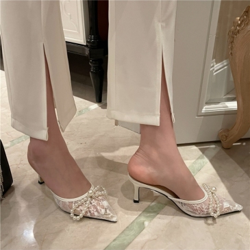 Faux Pearl Bow Lace Mesh Heels For Ladies