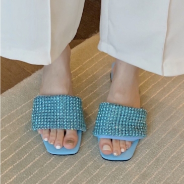 Korean Style Rhinestone Square Toe Heels Slippers