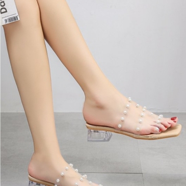 PVC Faux Pearl Low Heel Open Toe Slippers