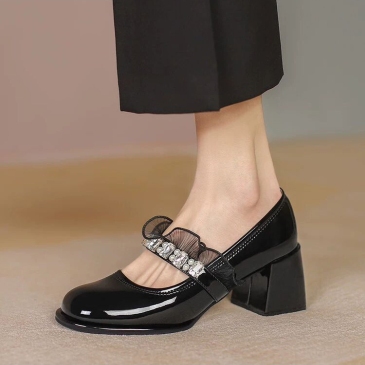 Patent Leather Round Toe Patch Slip On Heels