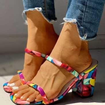 Retro Style Printed Chunky Slop On High Heels