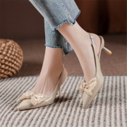 Stylish Faux Pearl Bow Pointed Slip On Heels