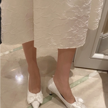 White Slip On Pointed Toe Bow Pumps Heels