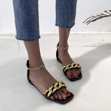 Summer Chain Patch Square Toe Flat Sandals  