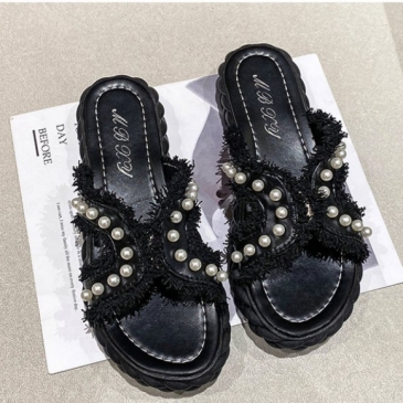  Faux Pearl Round Toe Patchwork  Women's Slippers