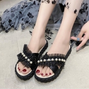  Leisure Time Faux Pearl Gauze Patch Ladies Slippers