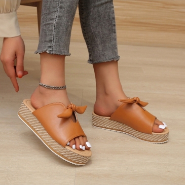 Casual Round Toe Bow Wedge Slide Slippers