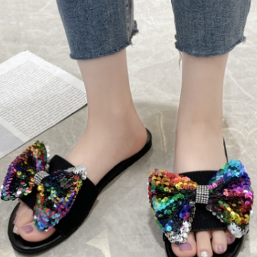 Summer Sequined Rhinestone Bow Decoration Slippers