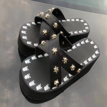 New Skull Round Toe Black Wedge Shoes Women