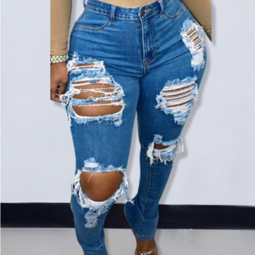 Casual Solid Ripped Make Old High Waist Straight Denim Jeans
