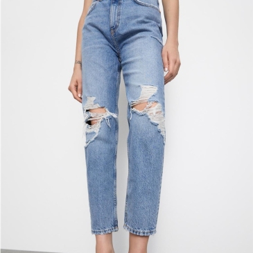 Casual Women Blue Ripped Straight Denim Jeans