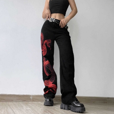 Color Block Snake Pattern Straight Jeans