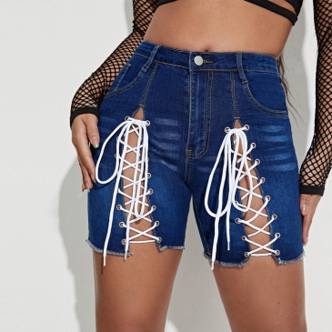 Dual Lace-Up Pockets Denim Shorts For Women