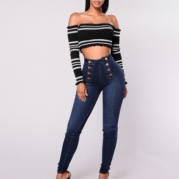 Fashion Double Breasted High Waist Denim Jeans