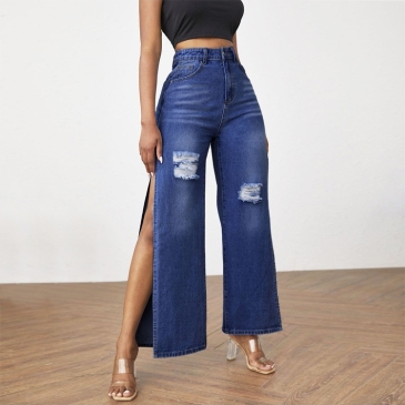 Fashion Ripped High Slit Wide Leg Denim Jeans