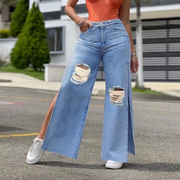 Fashion  Ripped Split Hem Denim Jeans