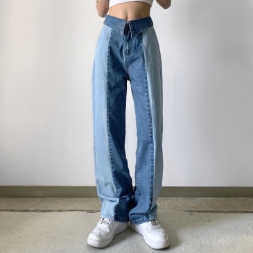 Ladies Contrast Color  Designer Loose Straight Denim Jeans