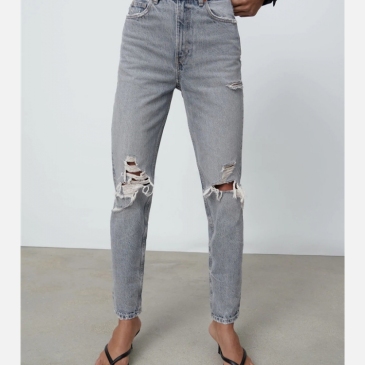Street Ripped Blue Pencil  Cotton Jeans For Women