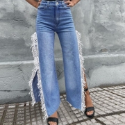 Streetwear Tassels Slit High Waist Wide Leg Jeans
