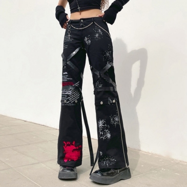  Graffiti Printed  Bandage Patchwork Pants For Women