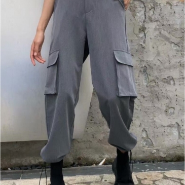 Casual Solid Pockets High Waist Pant