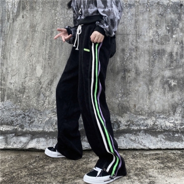 Corduroy Contrast Color Striped Drawstring Long Pants