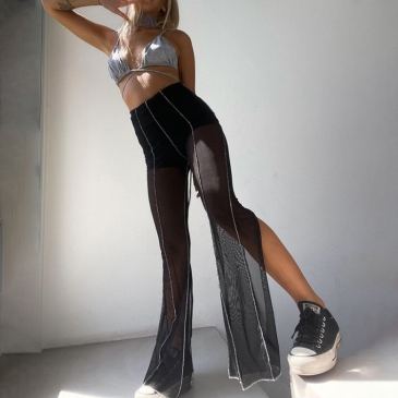 Gauze Patchwork See Through Flare Pants